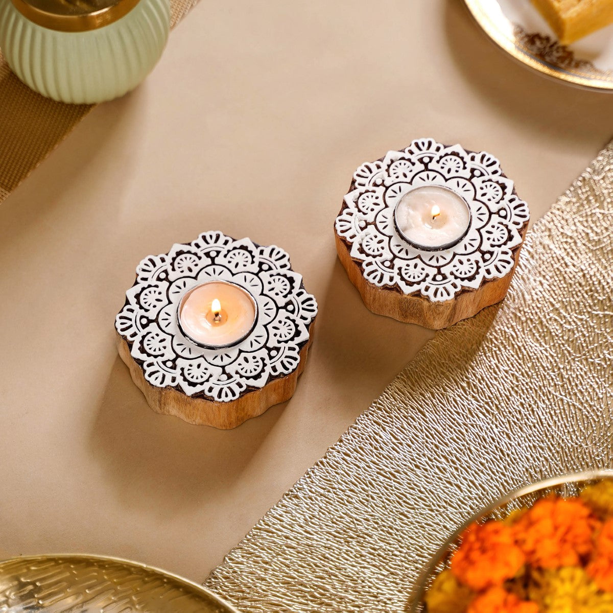Handmade Floral Mandala Tea Light Holder Set Of 2 Nestasia
