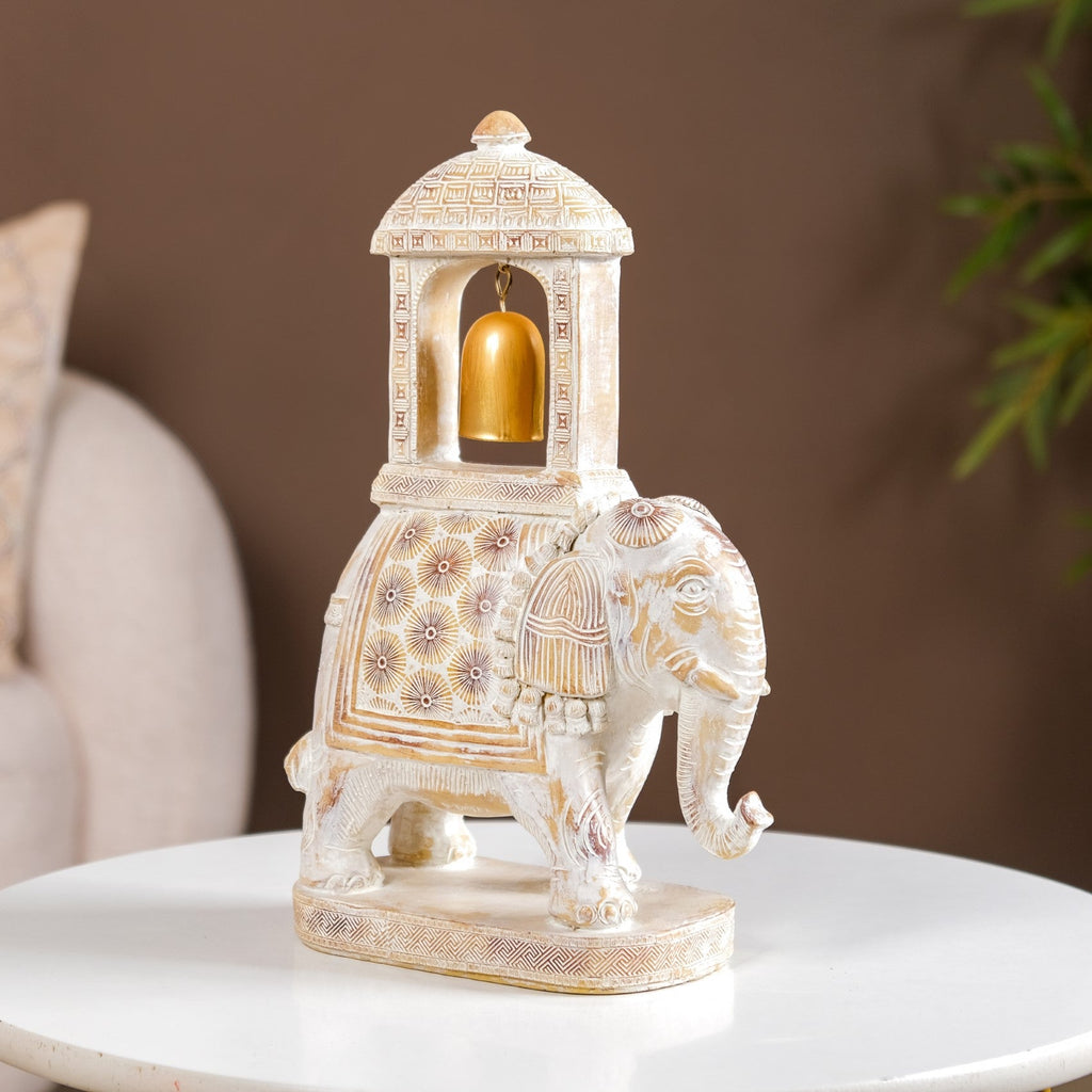 Decorated Elephant With Gold Bell Showpiece White Nestasia