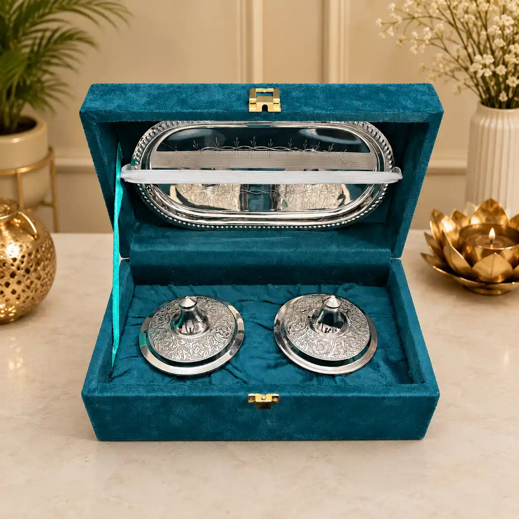 Brass Silver Plated Twin Bowl Set with Lids And Tray (3 Inch) Vedansh Craft