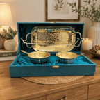 Brass Hammered Serving Tray / Platter With Bowl and Spoon Set With Velvet Box Vedansh Craft