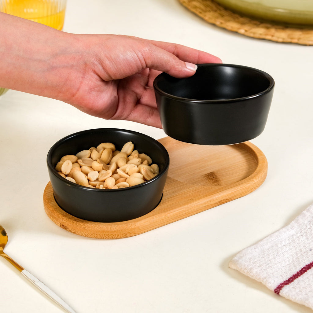 Black Snack Bowls Set Of 2 With Serving Tray 200ml Nestasia