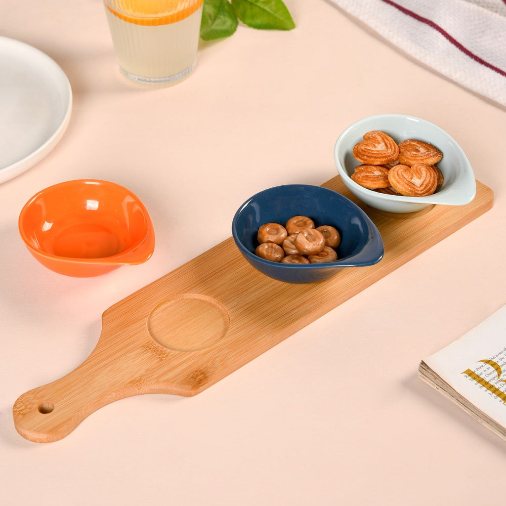 Set Of 3 Colourful Ceramic Bowls With Bamboo Tray 100ml Nestasia