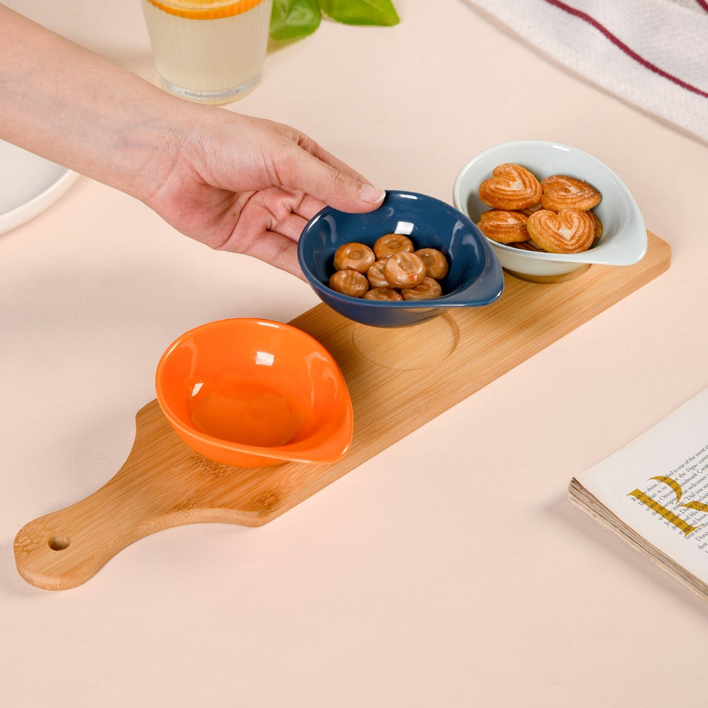 Set Of 3 Colourful Ceramic Bowls With Bamboo Tray 100ml Nestasia