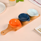 Set Of 3 Colourful Ceramic Bowls With Bamboo Tray 100ml Nestasia