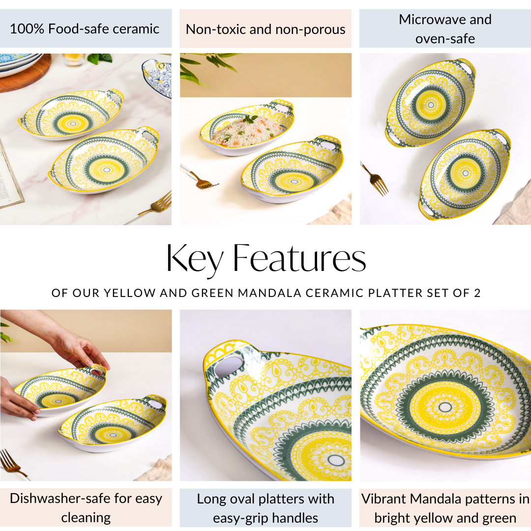 Yellow And Green Mandala Ceramic Platter Set Of 2 Nestasia
