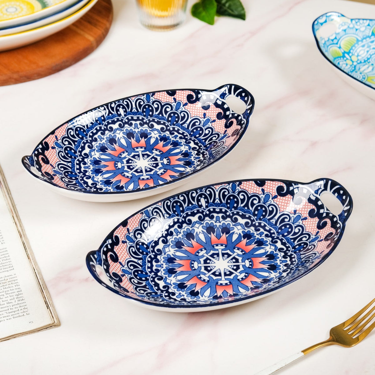 Set Of 2 Mandala Platters Peach And Blue Nestasia