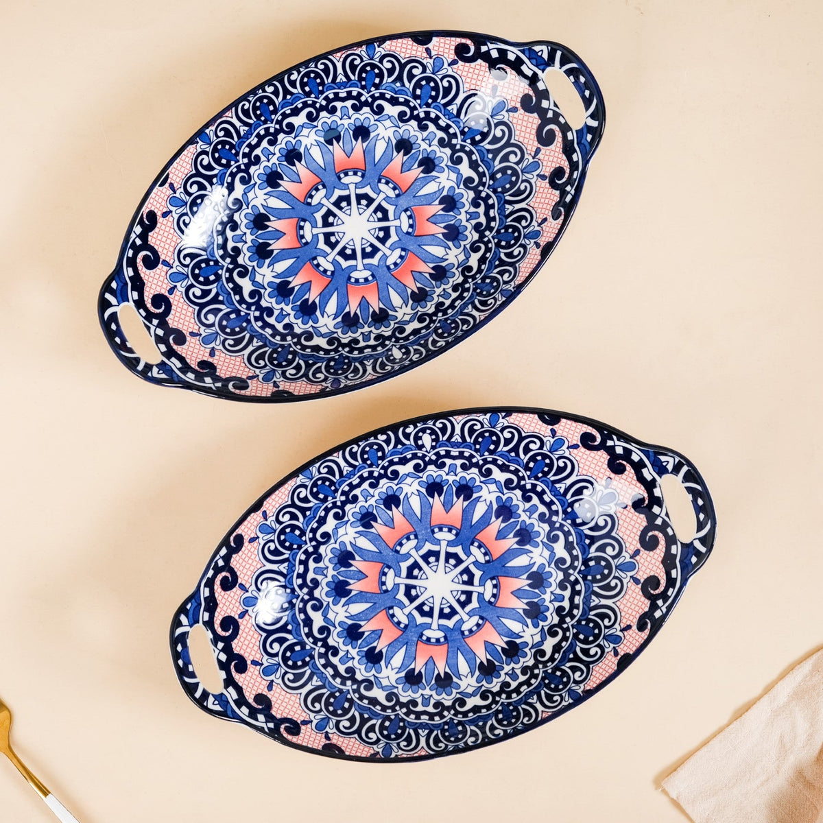 Set Of 2 Mandala Platters Peach And Blue Nestasia