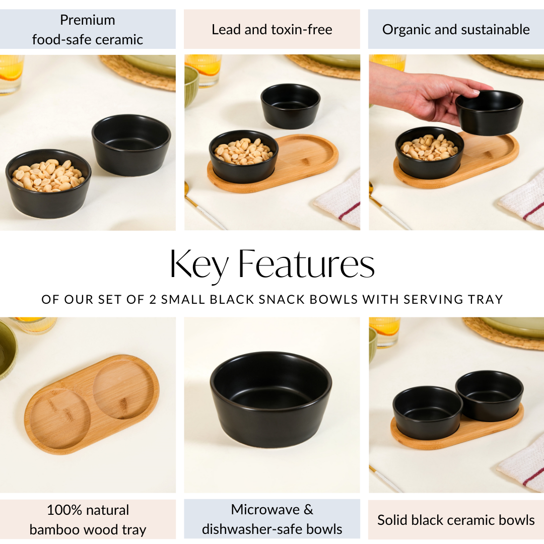 Black Snack Bowls Set Of 2 With Serving Tray 200ml Nestasia