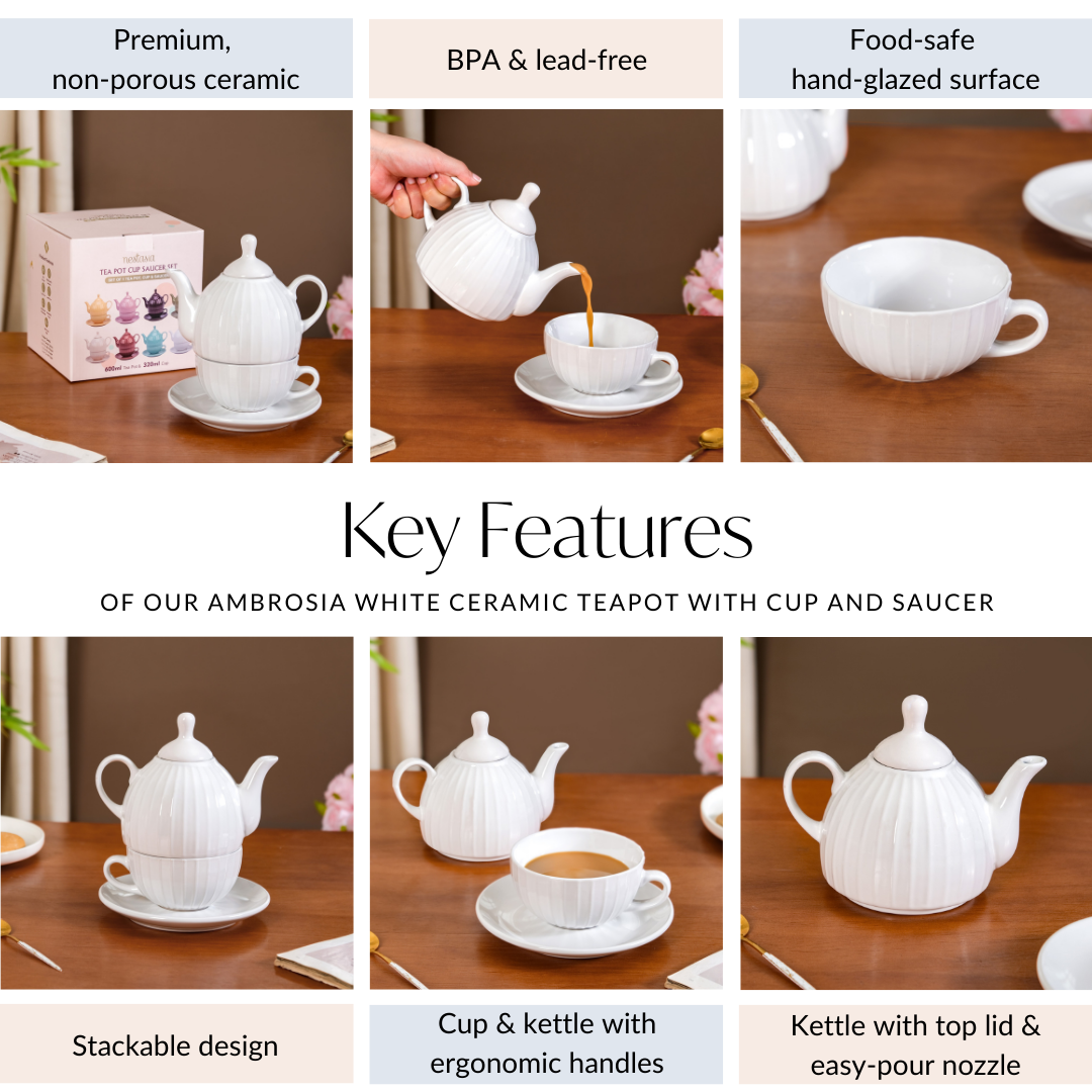 Ambrosia White Ceramic Teapot With Cup And Saucer Nestasia