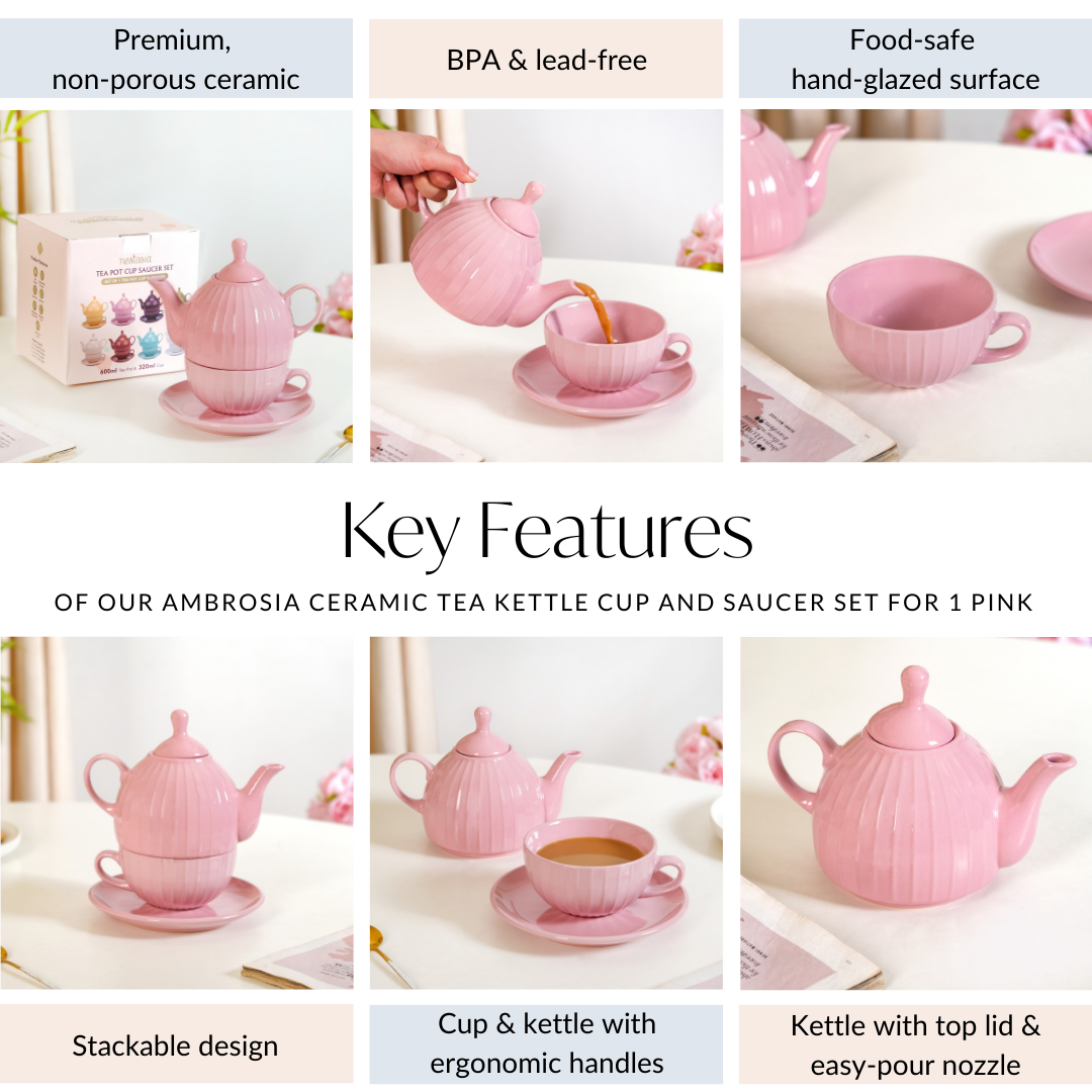 Ambrosia Ceramic Tea Kettle Cup And Saucer Set For 1 Pink Nestasia