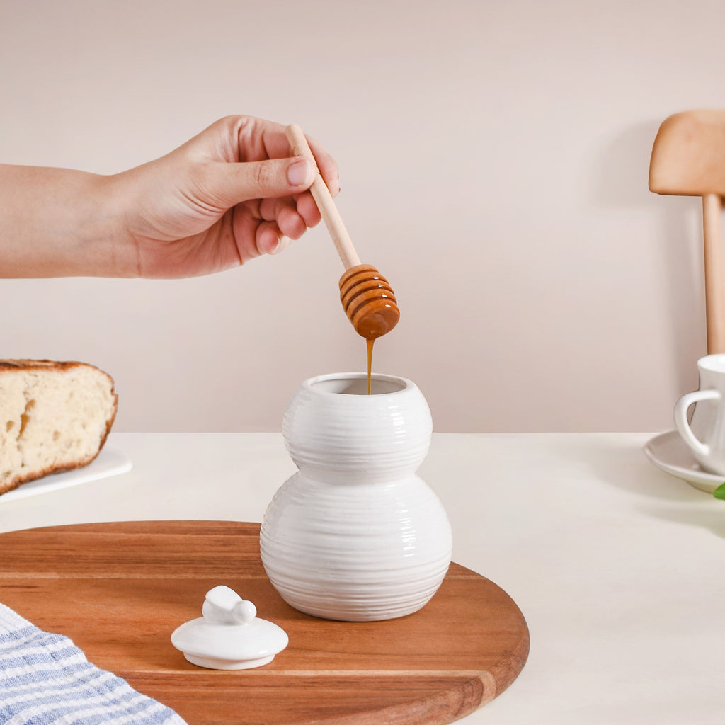White Honey Pot With Wooden Dipper 350ml Nestasia