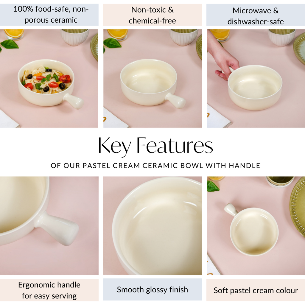 Pastel Cream Ceramic Bowl With Handle 700ml Nestasia
