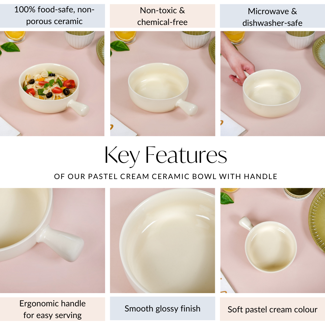 Pastel Cream Ceramic Bowl With Handle 700ml Nestasia