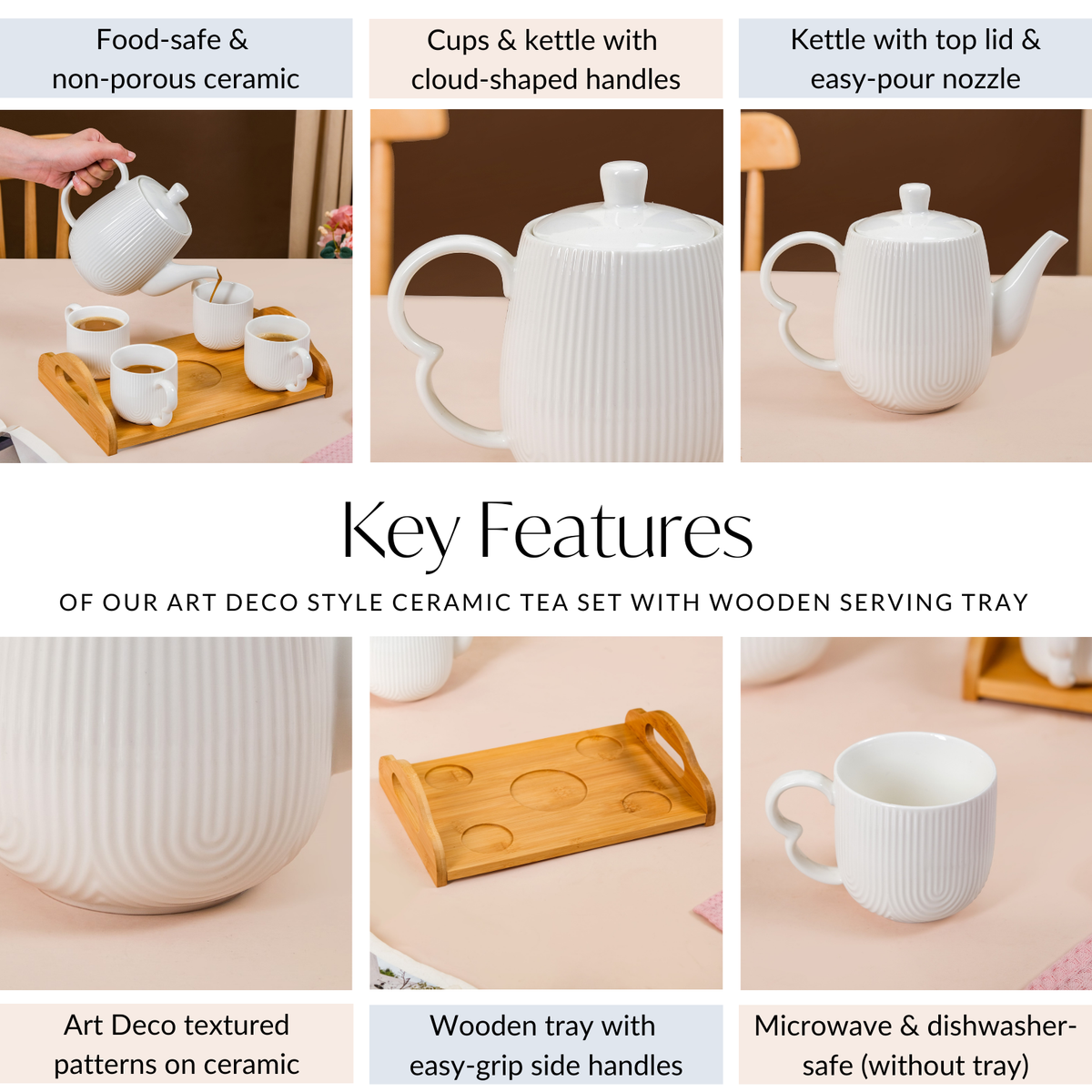 Art Deco Style Ceramic Tea Set With Wooden Serving Tray Nestasia