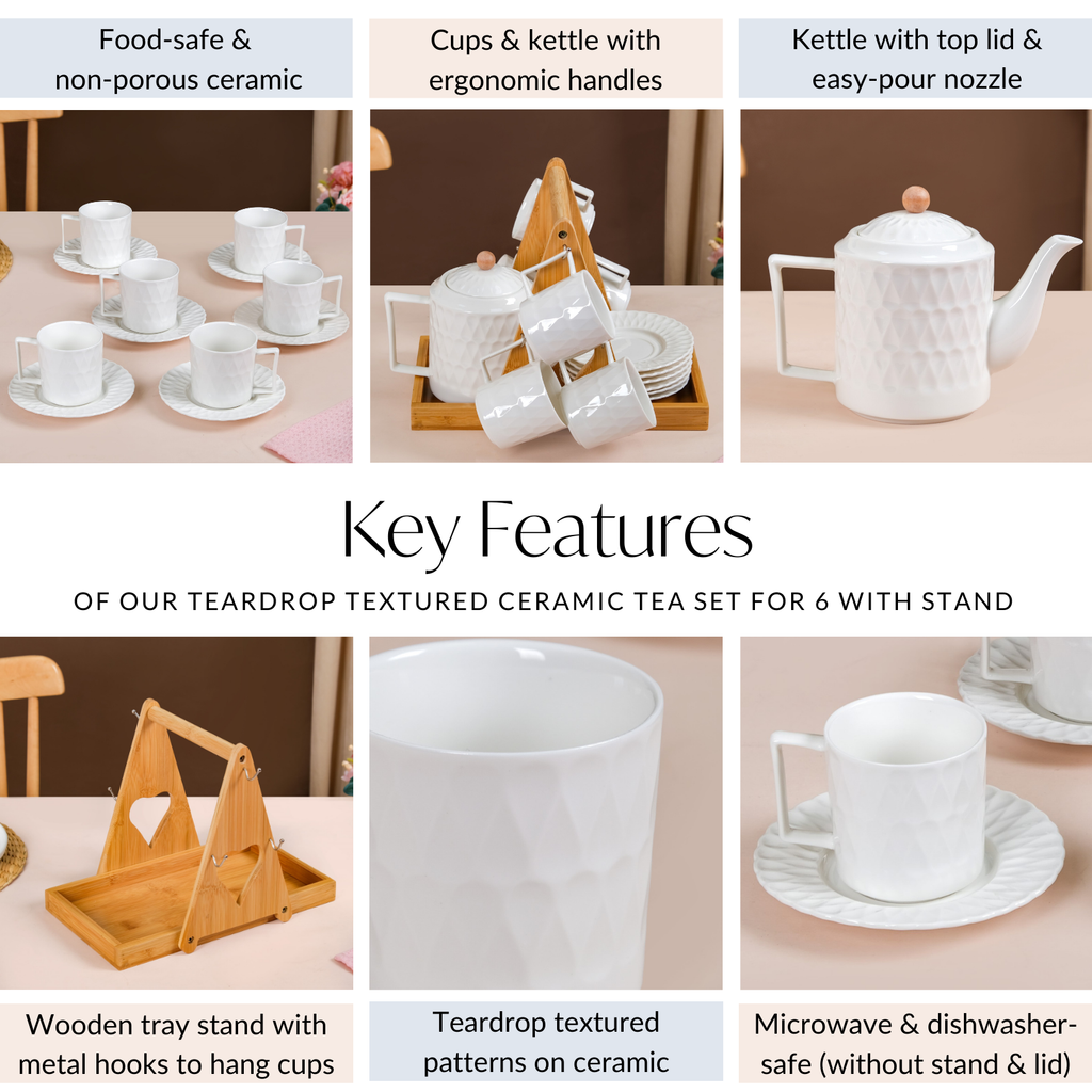 Teardrop Textured Ceramic Tea Set For 6 With Stand Nestasia