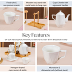 Hexagonal Minimalist White Tea Set With Wooden Stand Nestasia