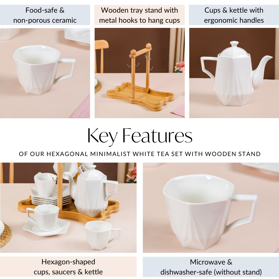 Hexagonal Minimalist White Tea Set With Wooden Stand Nestasia