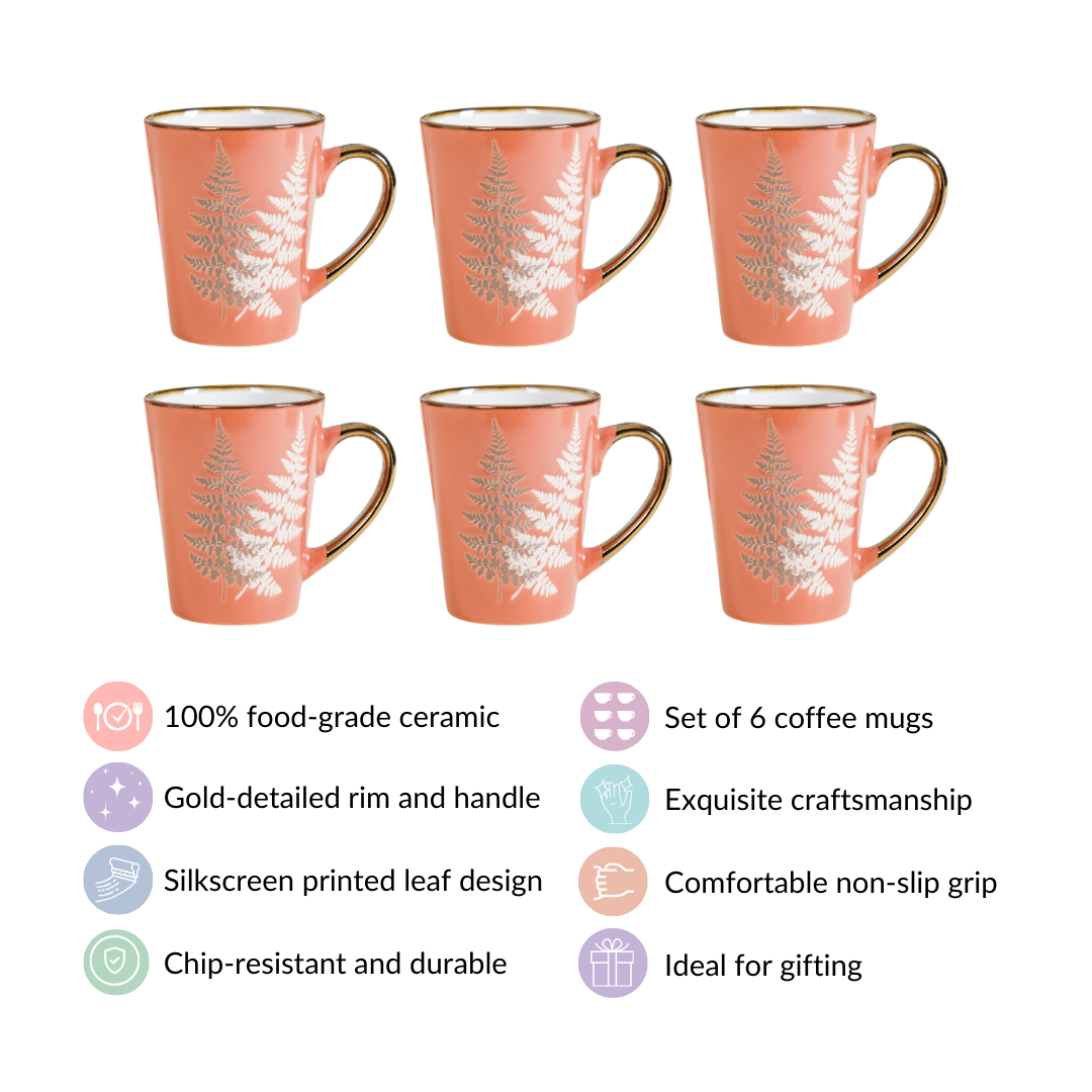 Fern Leaves Ceramic Mug Set Of 6 Coral Orange 350ml Nestasia