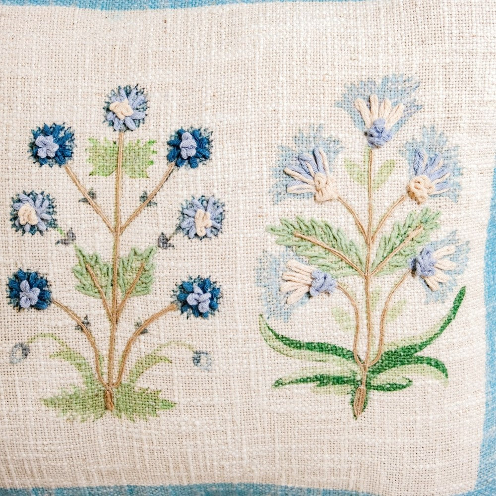 Cerulean Jardin Embroidered Cotton Cushion Cover 50x35cm Nestasia