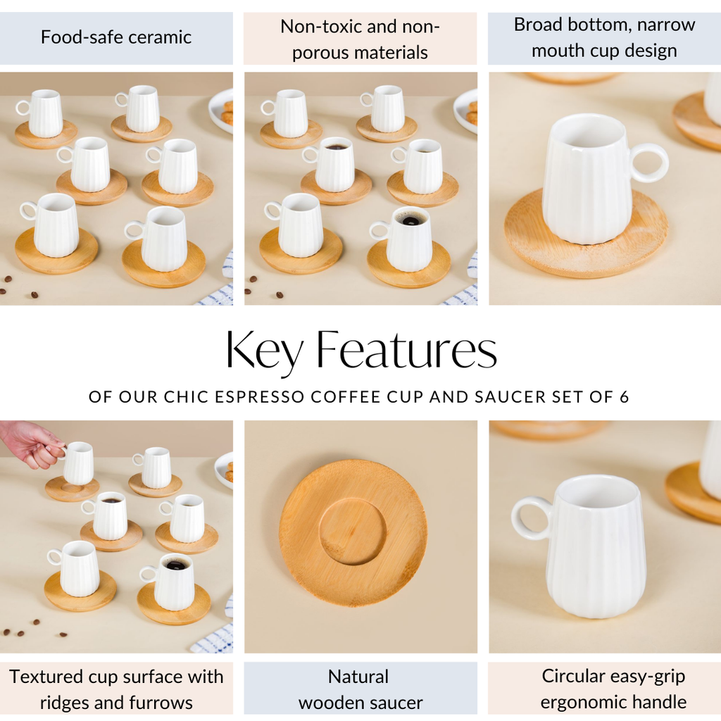 Chic Espresso Coffee Cup And Wooden Saucer Set Of 6 100ml Nestasia