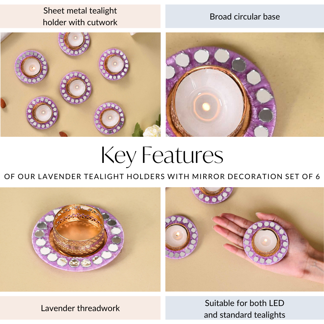 Lavender Tealight Holders With Mirror Decoration Set Of 6 Nestasia