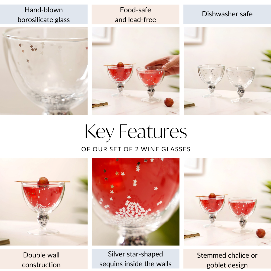 Shimmering Double Wall Stemmed Glass Goblet Set Of 2 250ml Nestasia