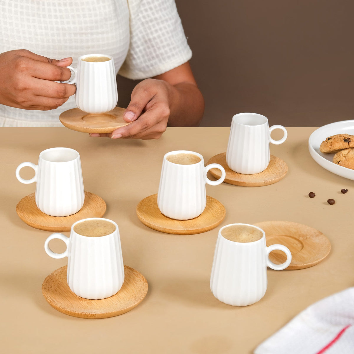 Chic Espresso Coffee Cup And Wooden Saucer Set Of 6 100ml Nestasia