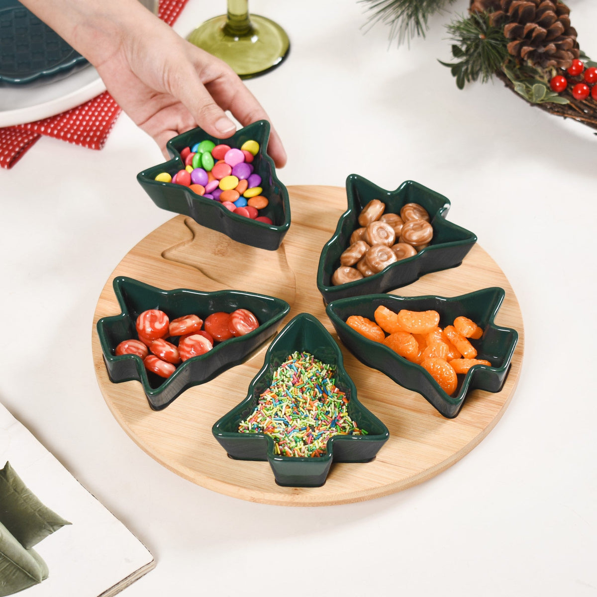 Set Of 5 Tree Snack Bowls With Wooden Rotating Tray 100ml Nestasia