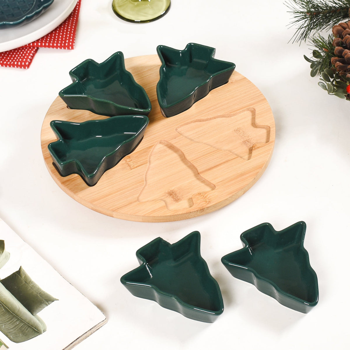 Set Of 5 Tree Snack Bowls With Wooden Rotating Tray 100ml Nestasia