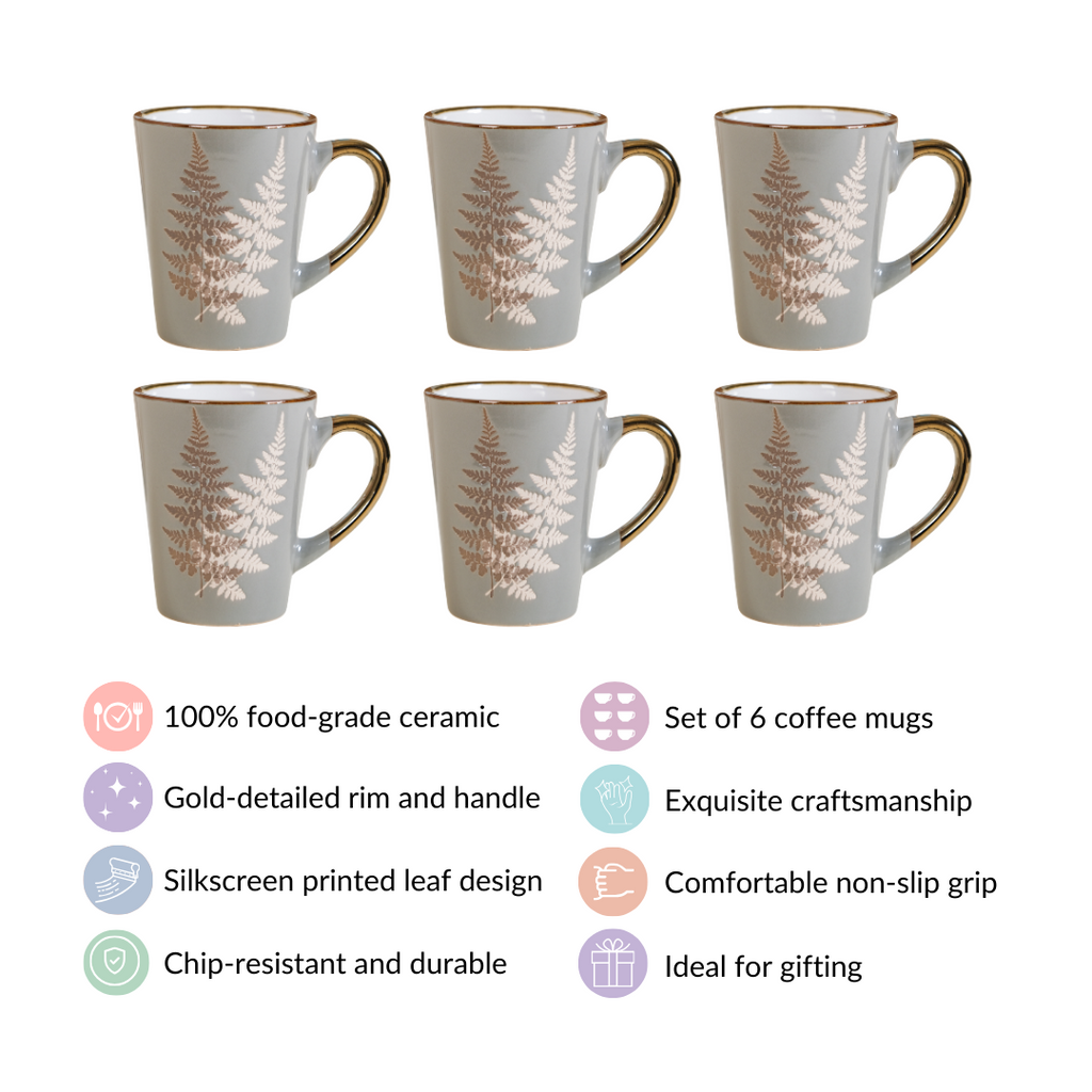 Fern Leaves Design Ceramic Mug Set Of 6 Grey 350ml Nestasia