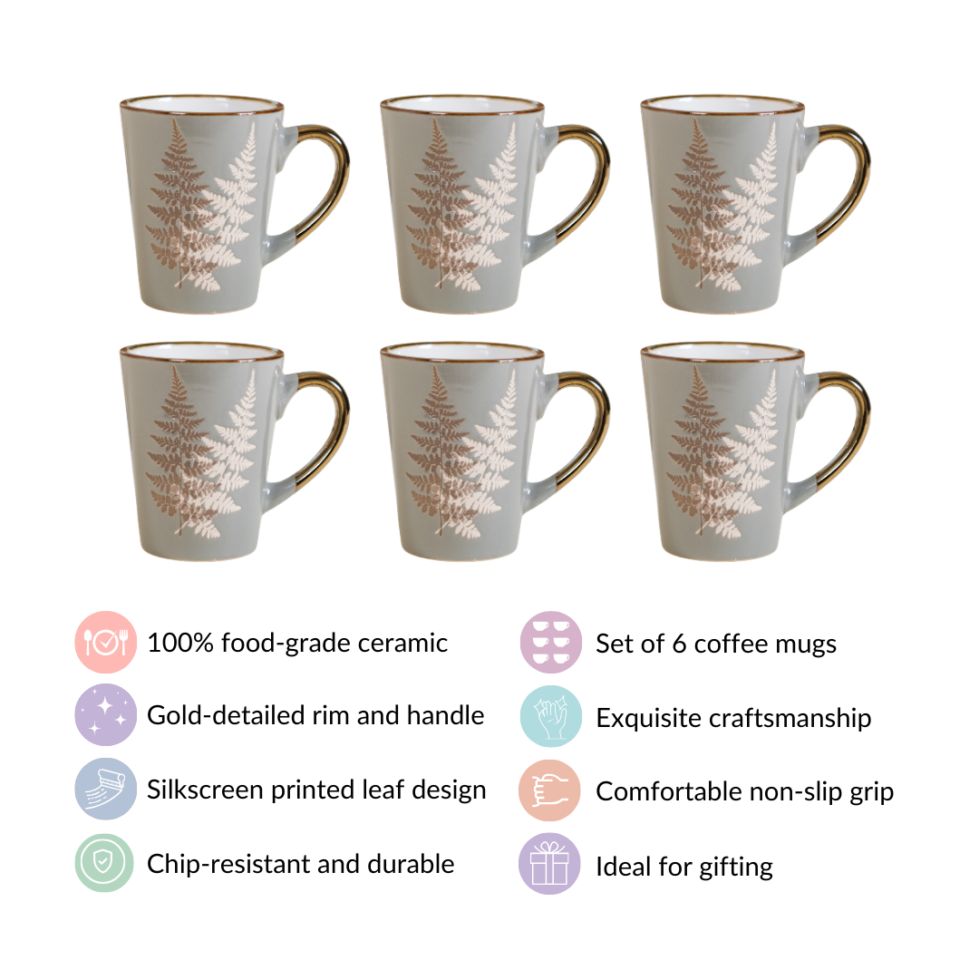 Fern Leaves Design Ceramic Mug Set Of 6 Grey 350ml Nestasia
