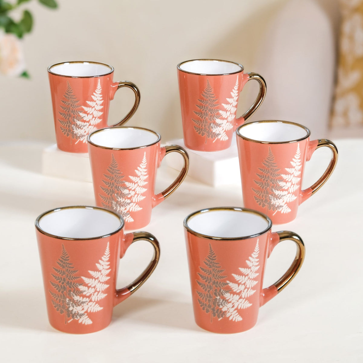 Fern Leaves Ceramic Mug Set Of 6 Coral Orange 350ml Nestasia