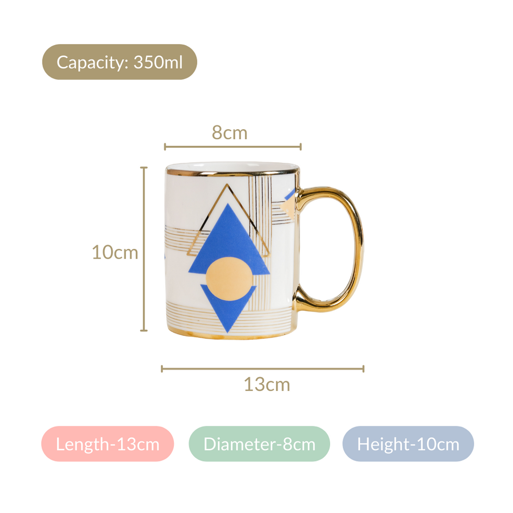 Set Of 2 Geometric Blue Gold Mugs With Gift Box 350ml Nestasia