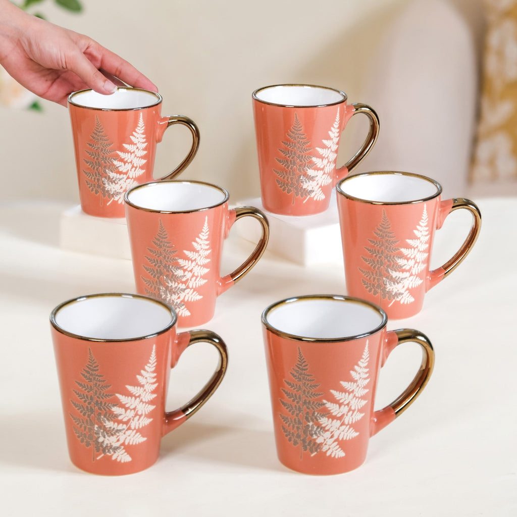 Fern Leaves Ceramic Mug Set Of 6 Coral Orange 350ml Nestasia