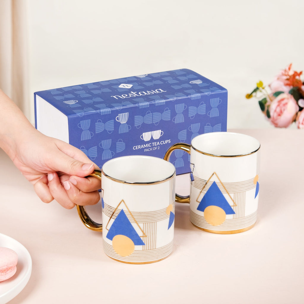 Set Of 2 Geometric Blue Gold Mugs With Gift Box 350ml Nestasia