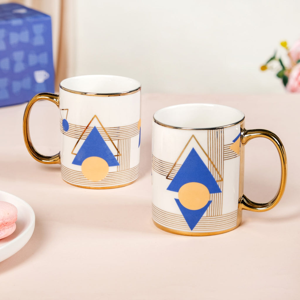 Set Of 2 Geometric Blue Gold Mugs With Gift Box 350ml Nestasia
