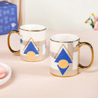 Set Of 2 Geometric Blue Gold Mugs With Gift Box 350ml Nestasia