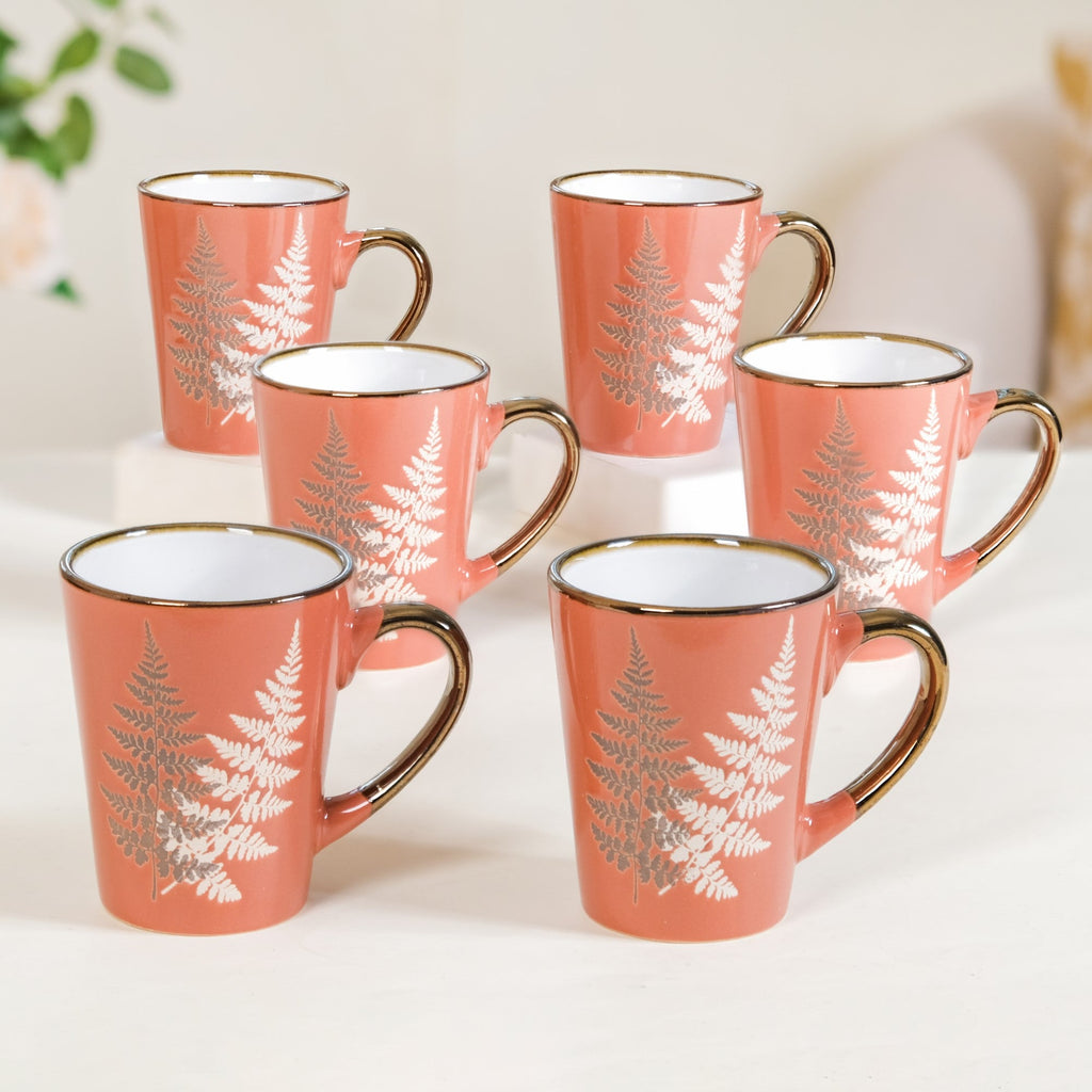 Fern Leaves Ceramic Mug Set Of 6 Coral Orange 350ml Nestasia