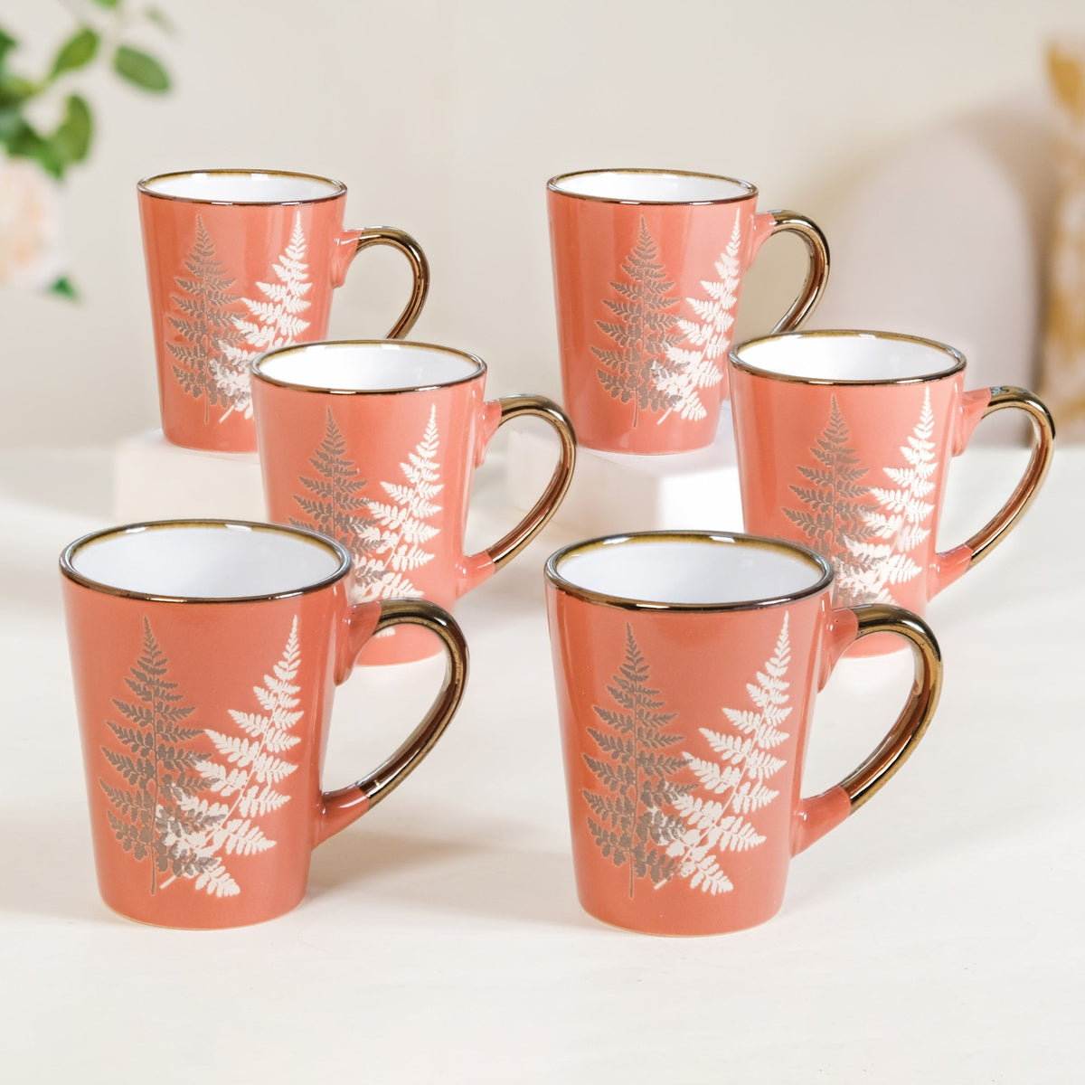 Fern Leaves Ceramic Mug Set Of 6 Coral Orange 350ml Nestasia