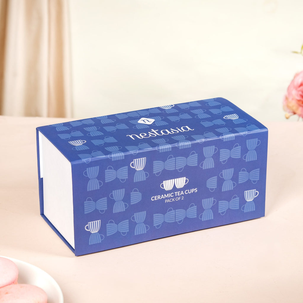 Set Of 2 Blue Gold Tea Cups With Gift Box 350ml Nestasia
