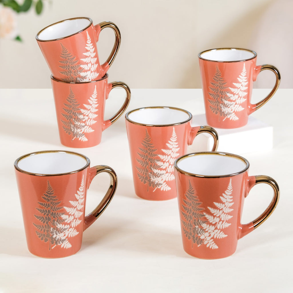 Fern Leaves Ceramic Mug Set Of 6 Coral Orange 350ml Nestasia