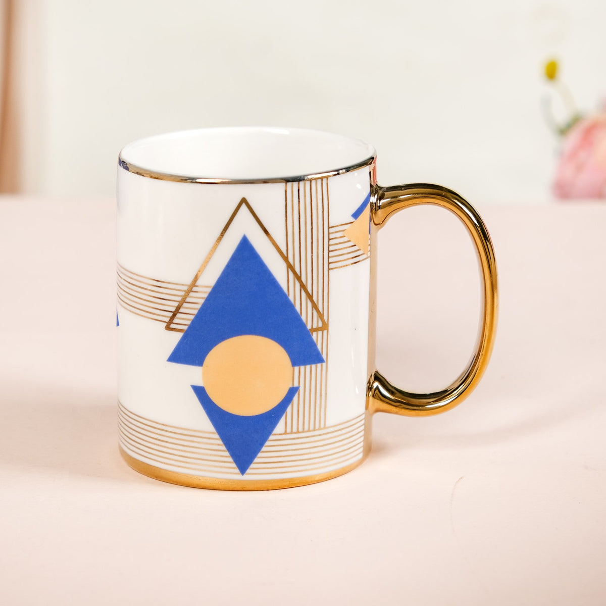 Set Of 2 Geometric Blue Gold Mugs With Gift Box 350ml Nestasia