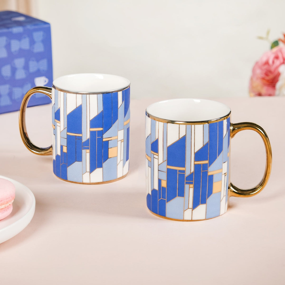 Set Of 2 Blue Gold Tea Cups With Gift Box 350ml Nestasia