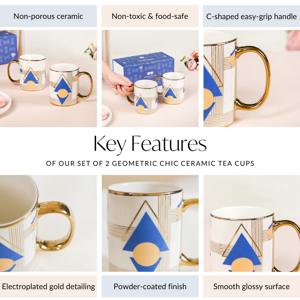 Set Of 2 Geometric Blue Gold Mugs With Gift Box 350ml Nestasia