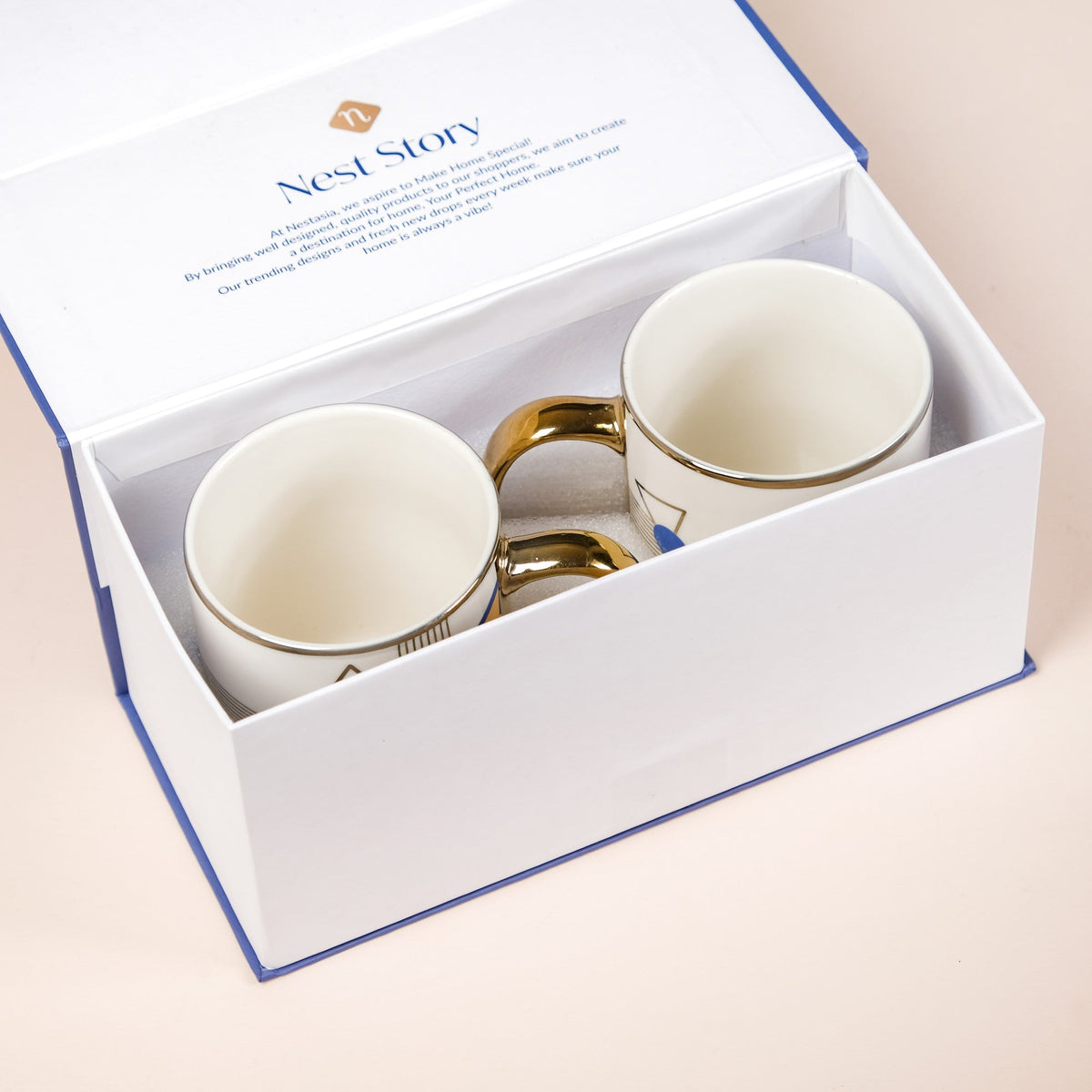 Set Of 2 Geometric Blue Gold Mugs With Gift Box 350ml Nestasia