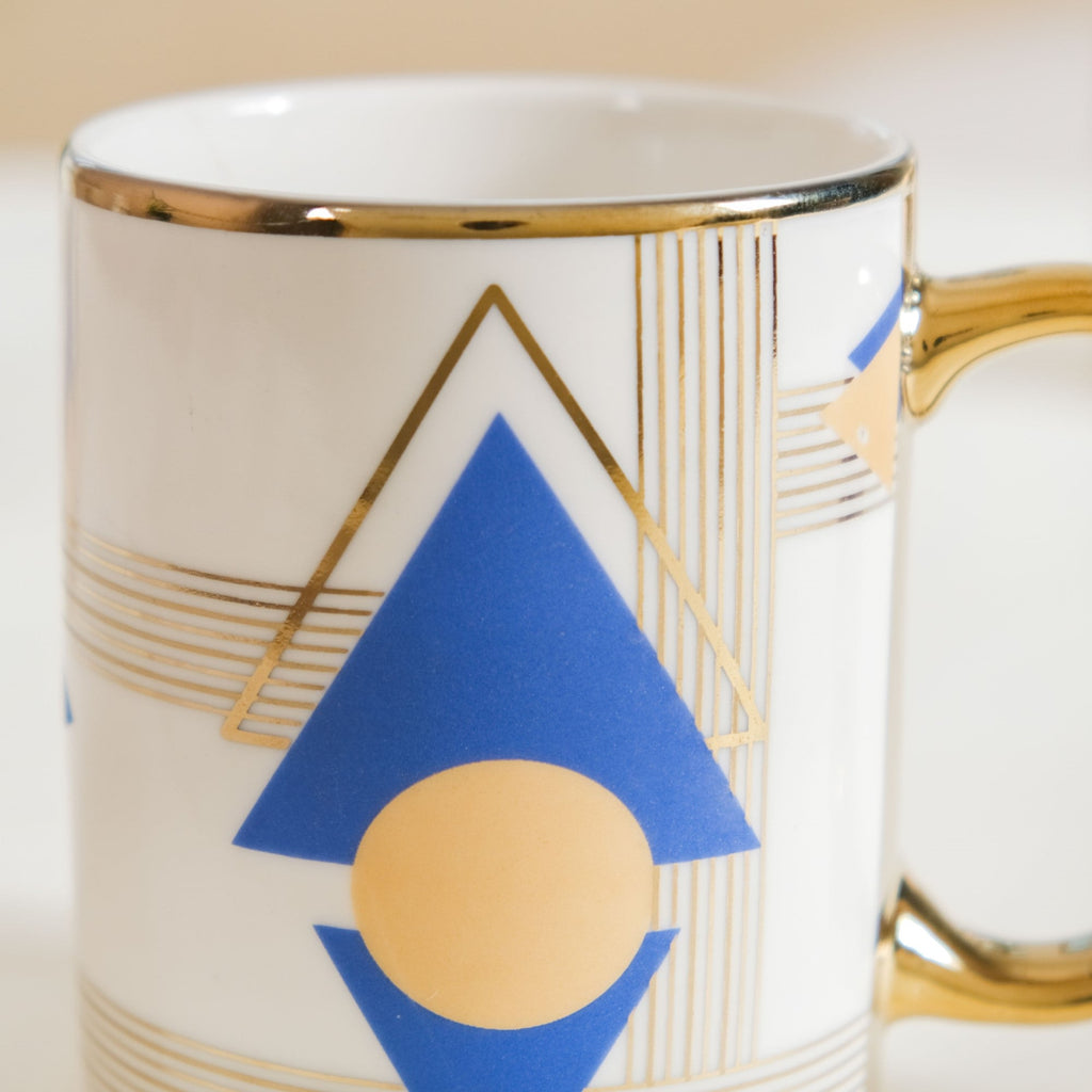 Set Of 2 Geometric Blue Gold Mugs With Gift Box 350ml Nestasia