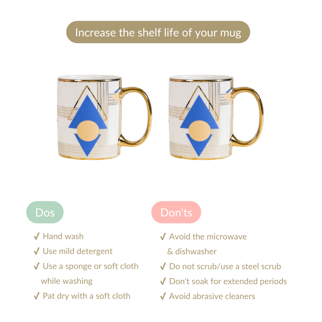 Set Of 2 Geometric Blue Gold Mugs With Gift Box 350ml Nestasia