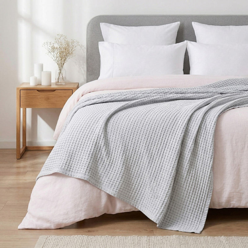 Combed Cotton Waffle Sofa Throw Blanket Light Grey 220x200cm Nestasia