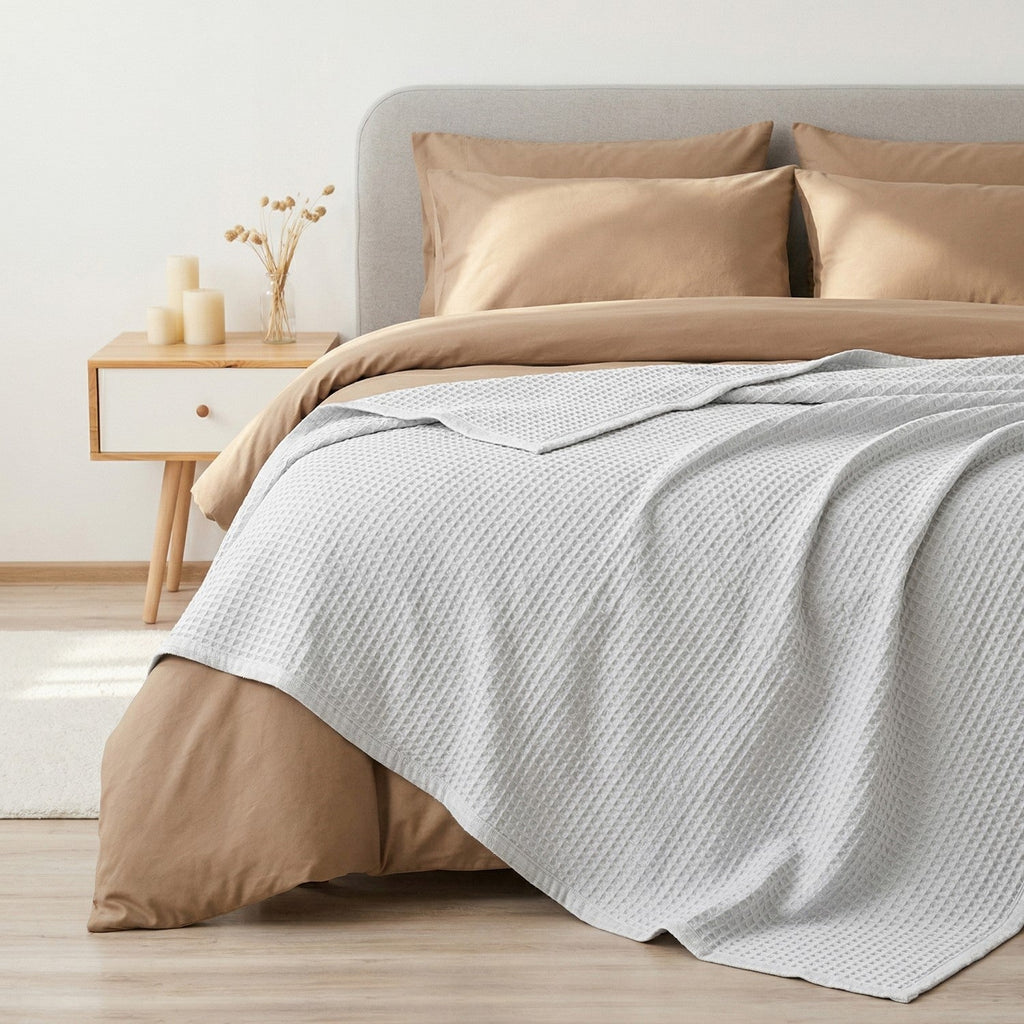 Combed Cotton Waffle Sofa Throw Blanket Light Grey 220x200cm Nestasia