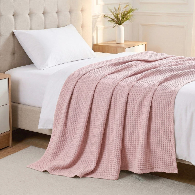 Combed Cotton Waffle Sofa Throw Blanket Pink 220x200cm Nestasia